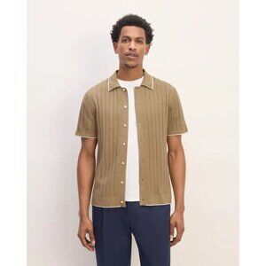 EVERLANE No-Sweat Tan Organic Cotton Knit Short Sleeve Button Down Polo, Size L